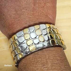 Silver/Gold-Tone Brick Design Hinged Bracelet